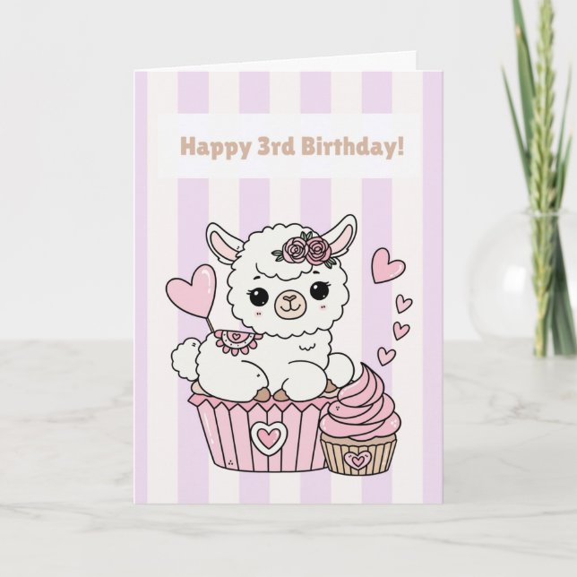 Happy 3rd Birthday Cute Llama Girl Card Kort (Framsida)