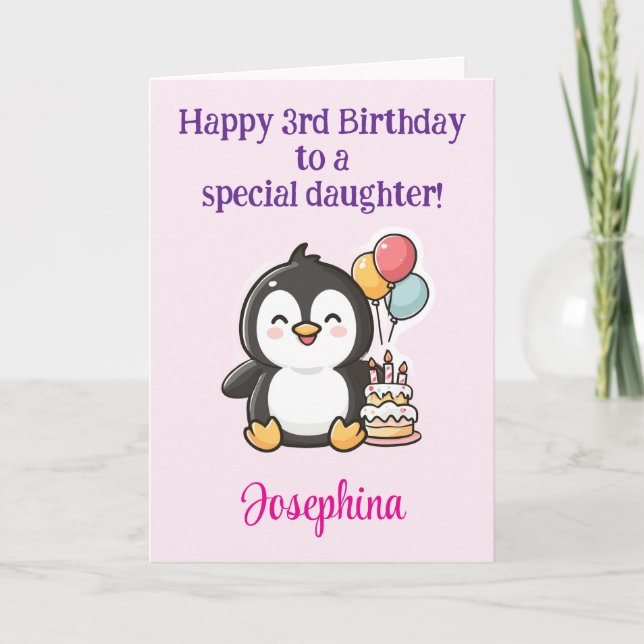 Happy 3rd Birthday Daughter, Penguin Personalized  Kort (Framsida)