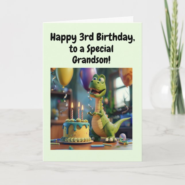 Happy 3rd Birthday Grandson, Dino, Personalized  Kort (Framsida)