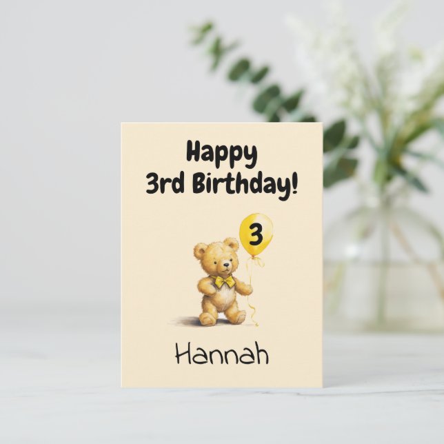 Happy 3rd Birthday, Personalized Teddy Bear Card,  Vykort (Stående Fram)