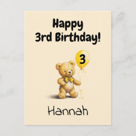 Happy 3rd Birthday, Personalized Teddy Bear Card, Vykort