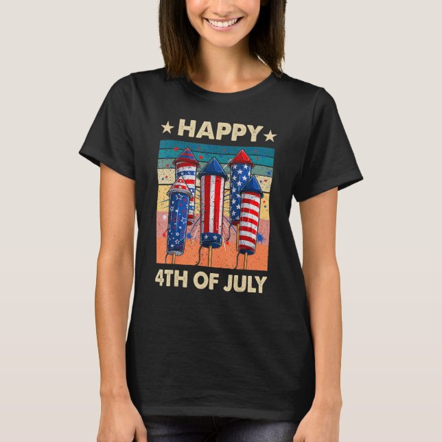 Happy 4th Of July American Flag Fireworks Patrioti T Shirt (Framsida)