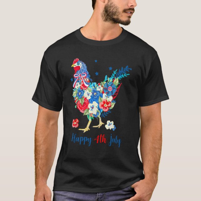 Happy 4th Of July Chicken  Flowers Patriotic USA F T Shirt (Framsida)