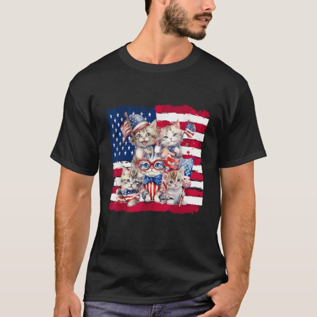 Happy 4th Of July Cute Cat Kitten American Flag  f T Shirt (Framsida)