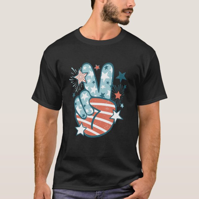 Happy 4th Of July Peace Hand Sign American Flag Pa T Shirt (Framsida)