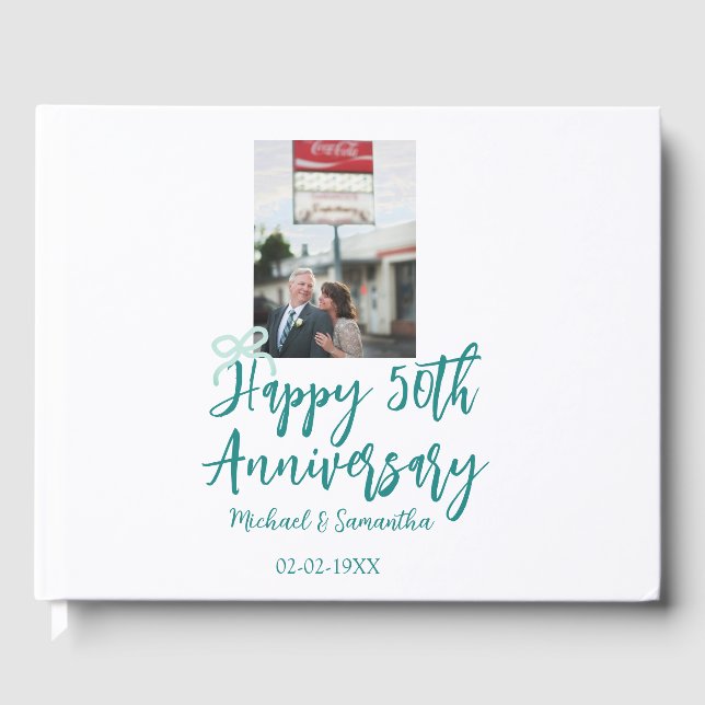 Happy 50th anniversary photo turquoise bow name da gästböcker (Framsida)