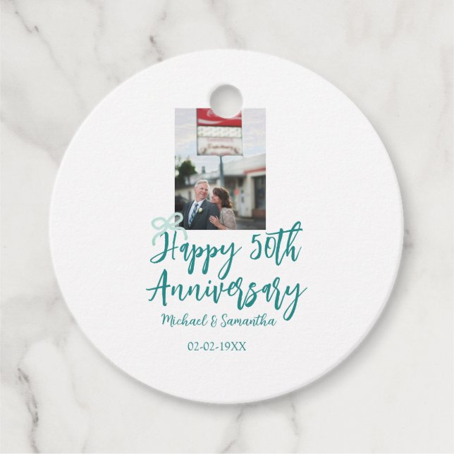 Happy 50th anniversary photo turquoise bow name da gåvor etiketter (Framsida)