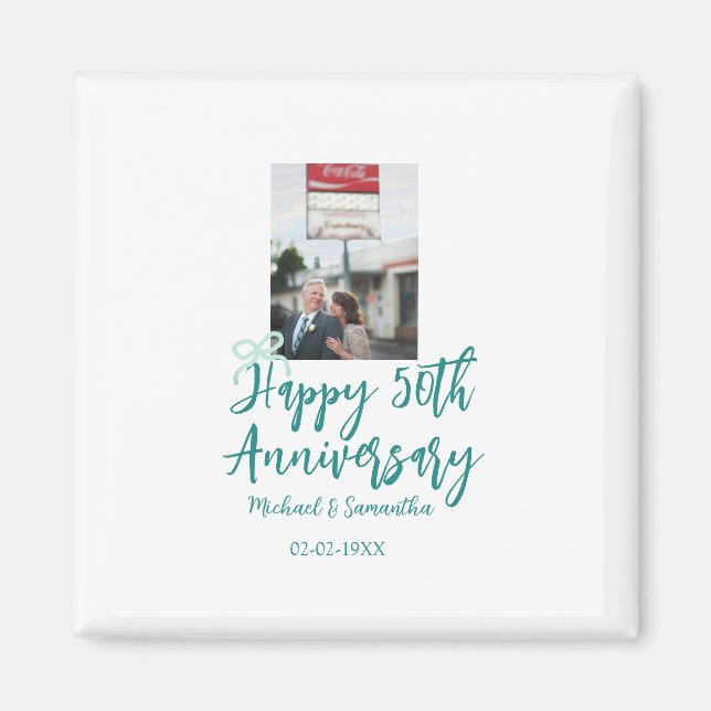 Happy 50th anniversary photo turquoise bow name da magnet (Framsidan)