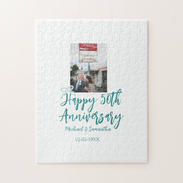 Happy 50th anniversary photo turquoise bow name da pussel (Vertikal)