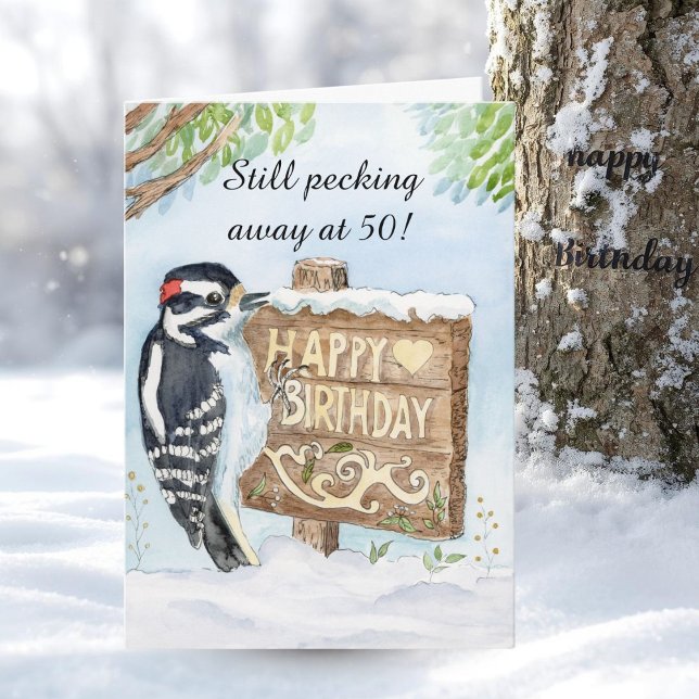 Happy 50th Birthday Downy Woodpecker Kort (Skapare uppladdad)
