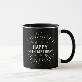 Happy 50th Birthday Fireworks Black White Gold Mugg
