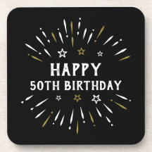 Happy 50th Birthday Fireworks Black White Gold