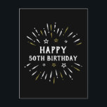 Happy 50th Birthday Fireworks Black White Gold Vykort<br><div class="desc">Lycklig 50-årsdagen! 50 år av att vara fantastisk. Grattisar när man vrider 50 och når denna milstolpe. Fira tillfälle med den här coolan fantastisk svarta, vita och guld fyrverkeripjäser när du samlas med familj och vänner. Texten till denna utpressare från party firande är anpassade och kan vara personlig för vilken...</div>