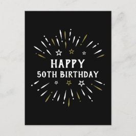 Happy 50th Birthday Fireworks Black White Gold Vykort