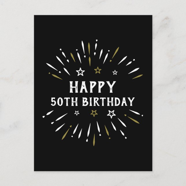Happy 50th Birthday Fireworks Black White Gold Vykort (Framsida)