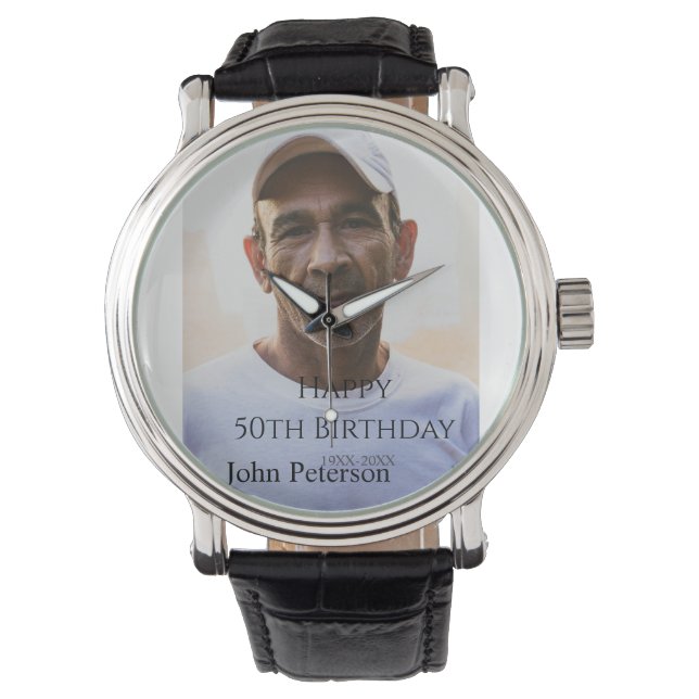 Happy 50th birthday name photo year man simple min armbandsur (Framsida)