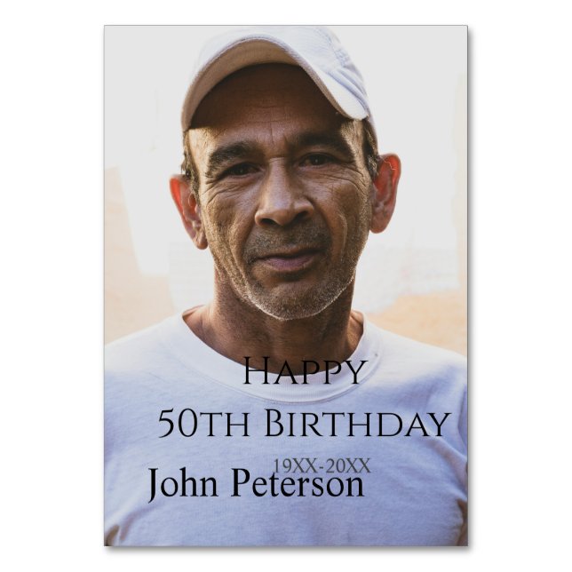 Happy 50th birthday name photo year man simple min bordsnummer (Framsidan)