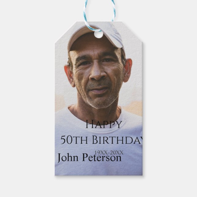 Happy 50th birthday name photo year man simple min presentetikett (Framsidan)