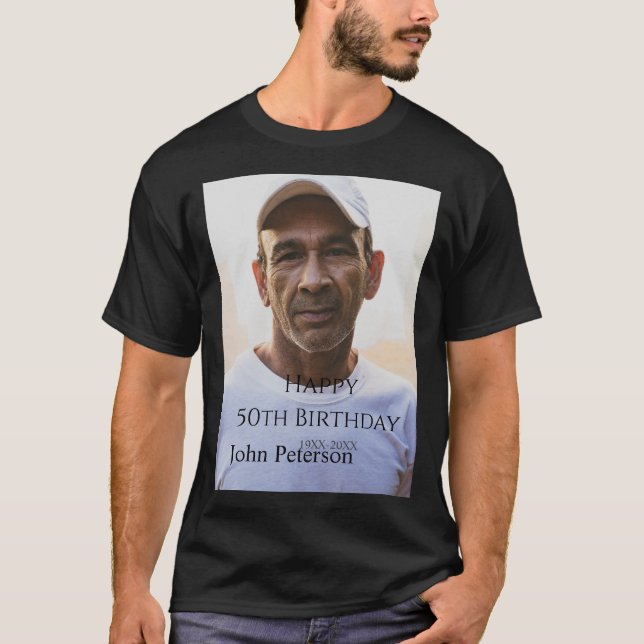 Happy 50th birthday name photo year man simple min t shirt (Framsida)