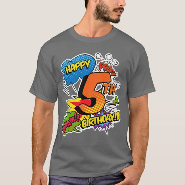 Happy 5th Birthday Boys Comic Style Superpower Sup T Shirt (Framsida)