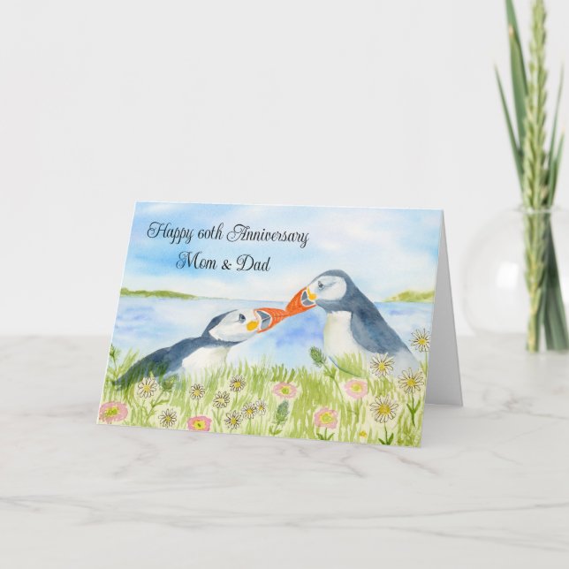 Happy 60th Anniversary Mom & Dad Puffins  Kort (Framsida)