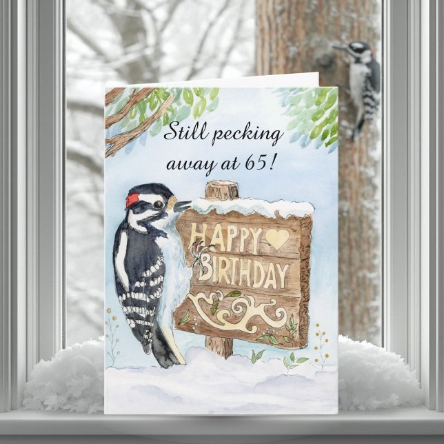 Happy 65th Birthday Downy Woodpecker Kort (Skapare uppladdad)