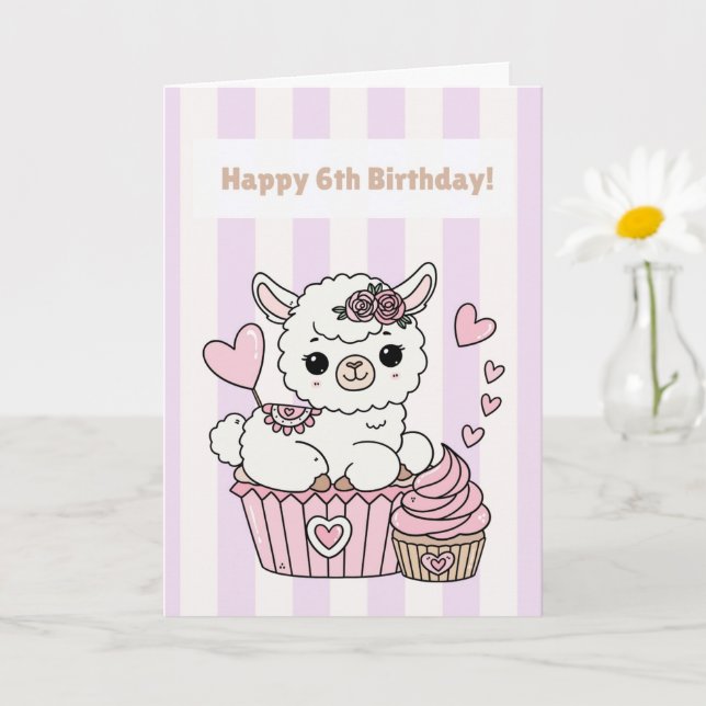 Happy 6th Birthday Cute Llama Girl Card Kort (Liten växt)
