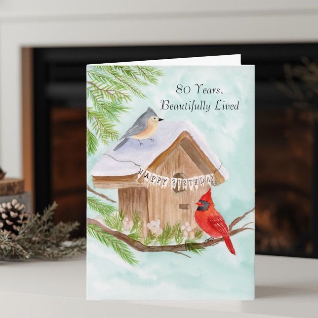  Happy 80th Birthday Birds at Birdhouse Kort (Skapare uppladdad)