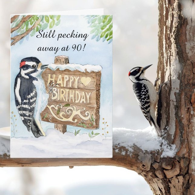 Happy 90th Birthday Downy Woodpecker Kort (Skapare uppladdad)
