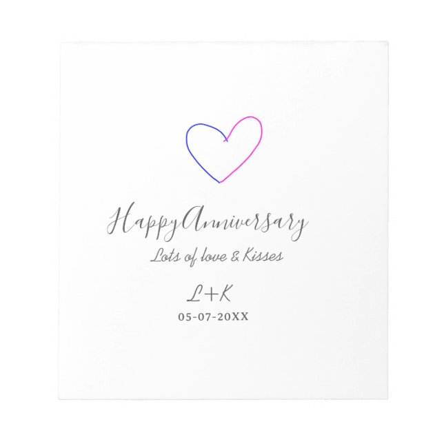 Happy anniversary pink blue heart name date simple anteckningsblock (Framsida)