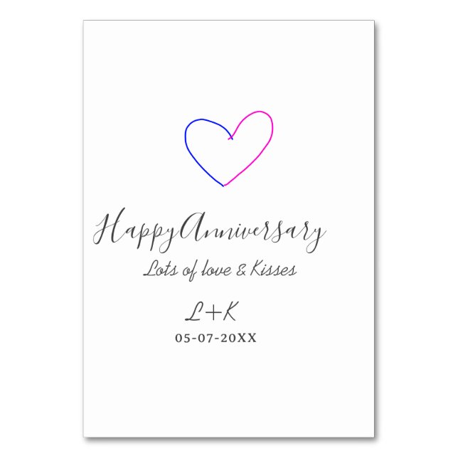 Happy anniversary pink blue heart name date simple bordsnummer (Framsidan)
