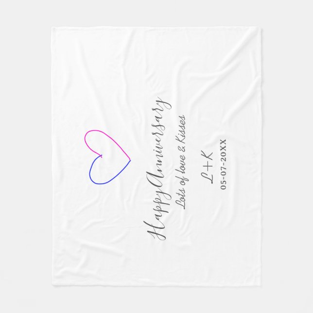 Happy anniversary pink blue heart name date simple fleecefilt (Framsidan)