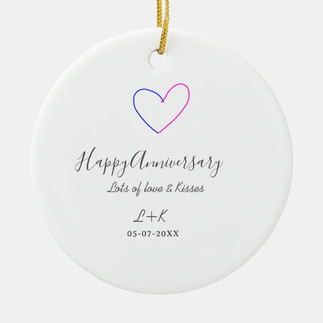 Happy anniversary pink blue heart name date simple julgransprydnad keramik (Framsidan)