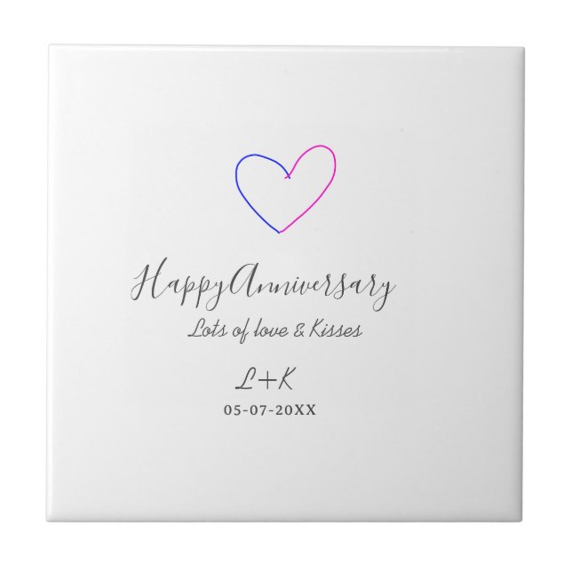Happy anniversary pink blue heart name date simple kakelplatta (Framsidan)