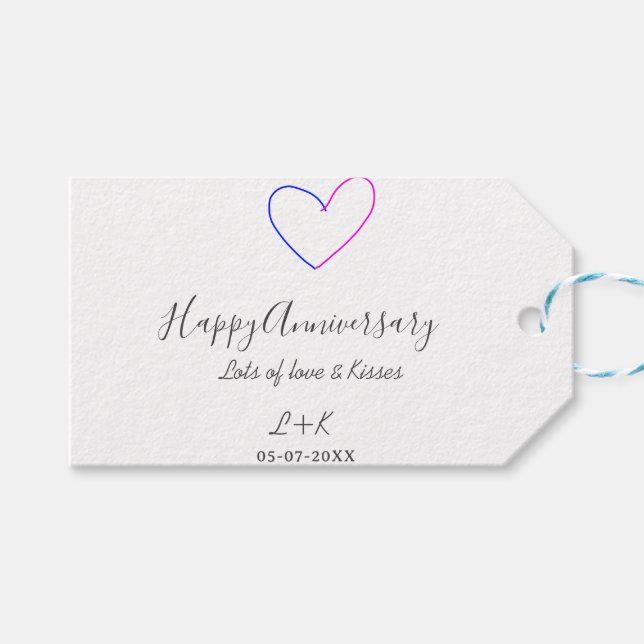 Happy anniversary pink blue heart name date simple presentetikett (Framsidan (Horisontell))