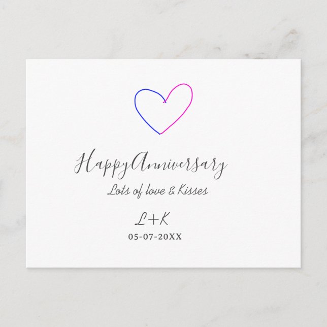 Happy anniversary pink blue heart name date simple vykort (Framsida)