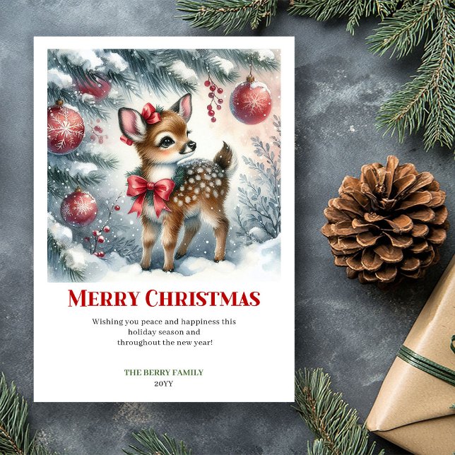 Happy baby deer winter scene snowy forest greeting julkort (Happy baby deer winter scene snowy forest greeting card)