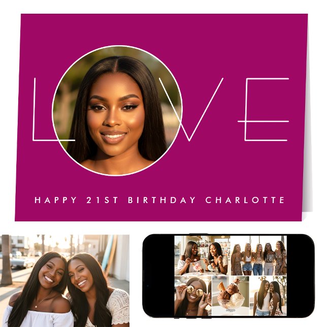 Happy Birthday 7 Photo Love Elegant Dark Pink Kort (Skapare uppladdad)