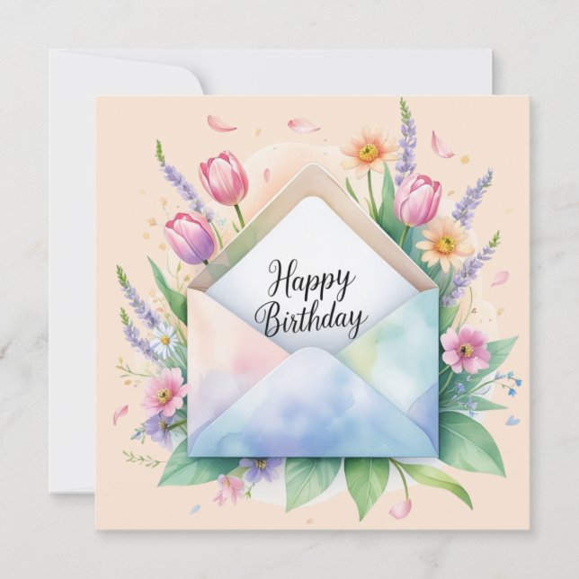 Happy birthday & beautiful flowers greeting card julkort (Framsida)