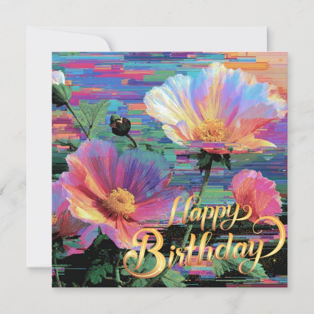 Happy Birthday beautiful neon flowers card Julkort (Framsida)