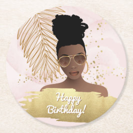 Happy Birthday, Black Woman, Tropical Gold & Pink  Underlägg Papper Rund