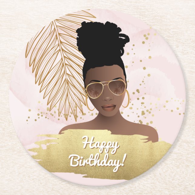 Happy Birthday, Black Woman, Tropical Gold & Pink  Underlägg Papper Rund (Framsidan)