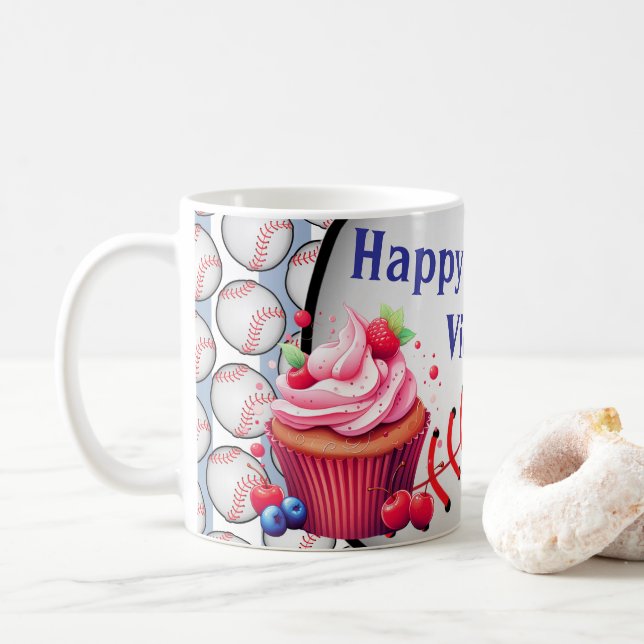 Happy Birthday Blue & White Stripe Baseball Kaffemugg (Med munk)