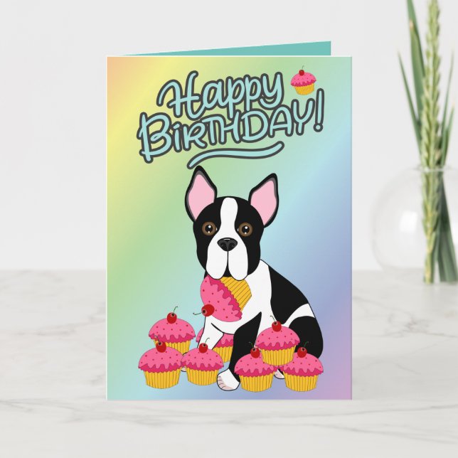 Happy Birthday! Boston Terrier Cupcakes Card Kort (Framsida)