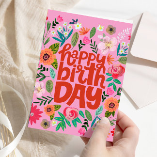 Happy Birthday Bright Floral Pink Garden Card Kort