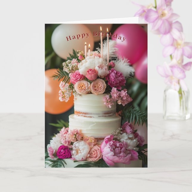 Happy Birthday Cake Pink Peonies Roses Feathers  Kort (Orkide)