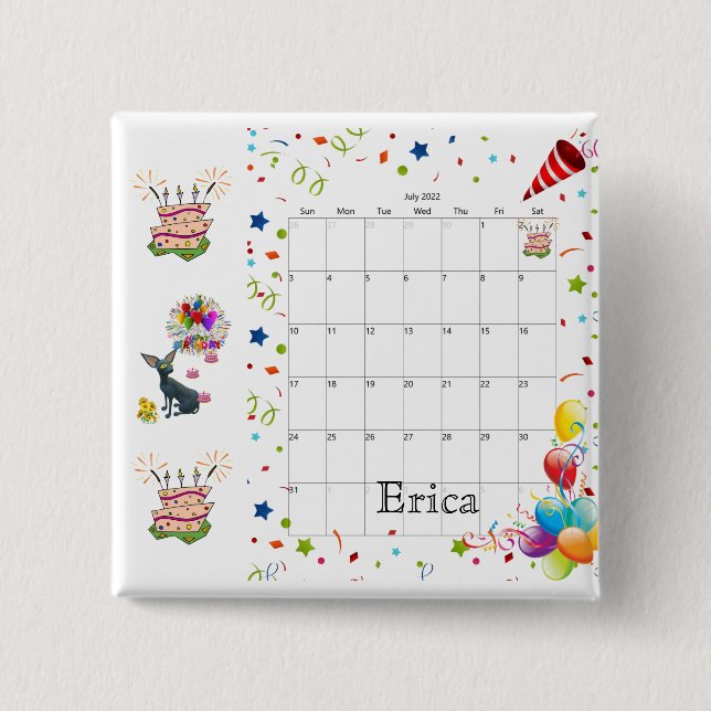Happy Birthday Calendar July 2022 Button  Knapp (Framsida)