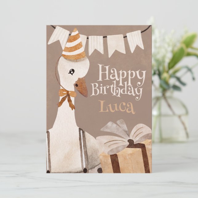 Happy Birthday Card Goose with birthday gift Julkort (Stående Fram)