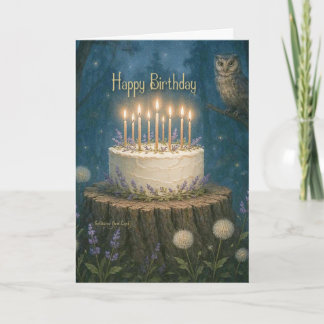 Happy Birthday card with magic forest and owl Kort