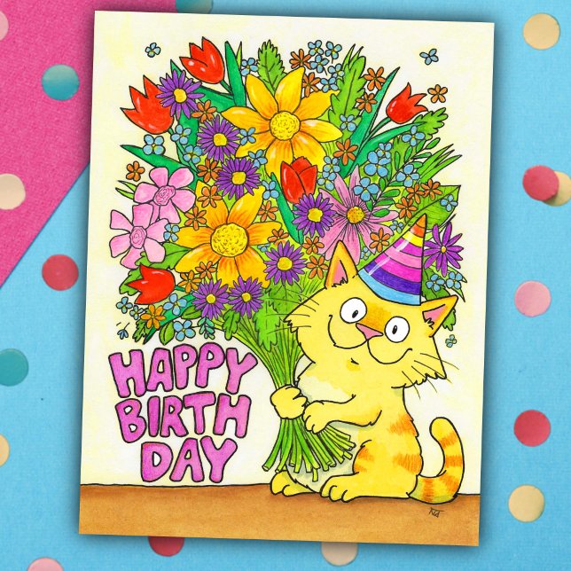 Happy Birthday Cat with Flowers  Vykort (Skapare uppladdad)
